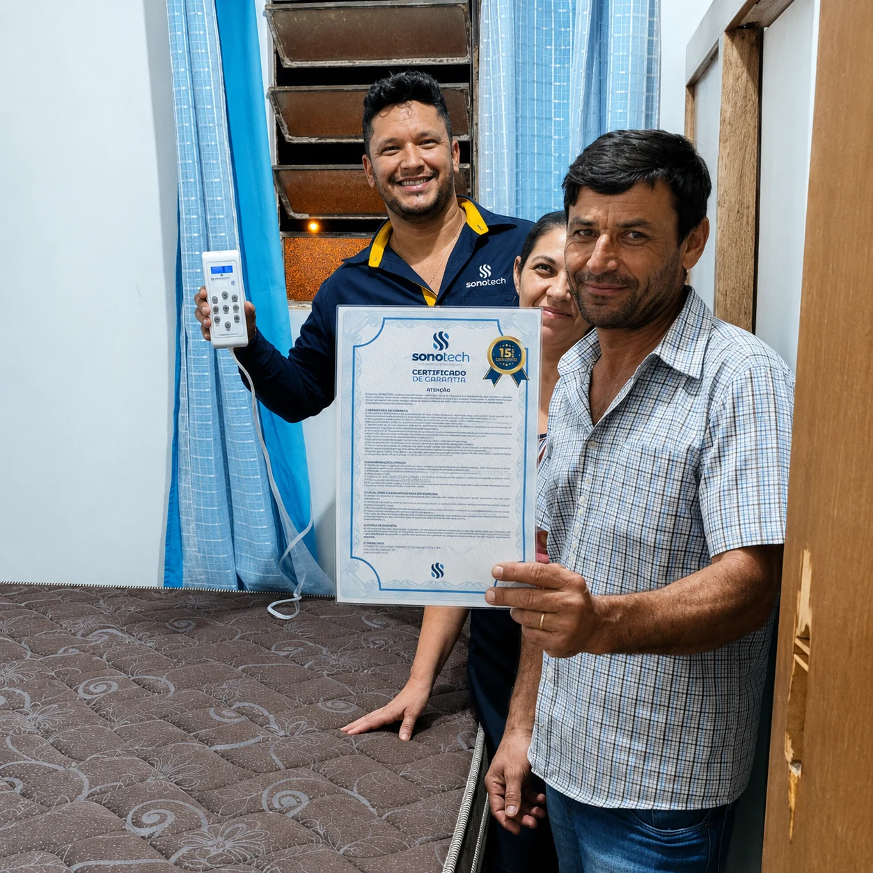 Família atendida com colchão e certificado SonoTech