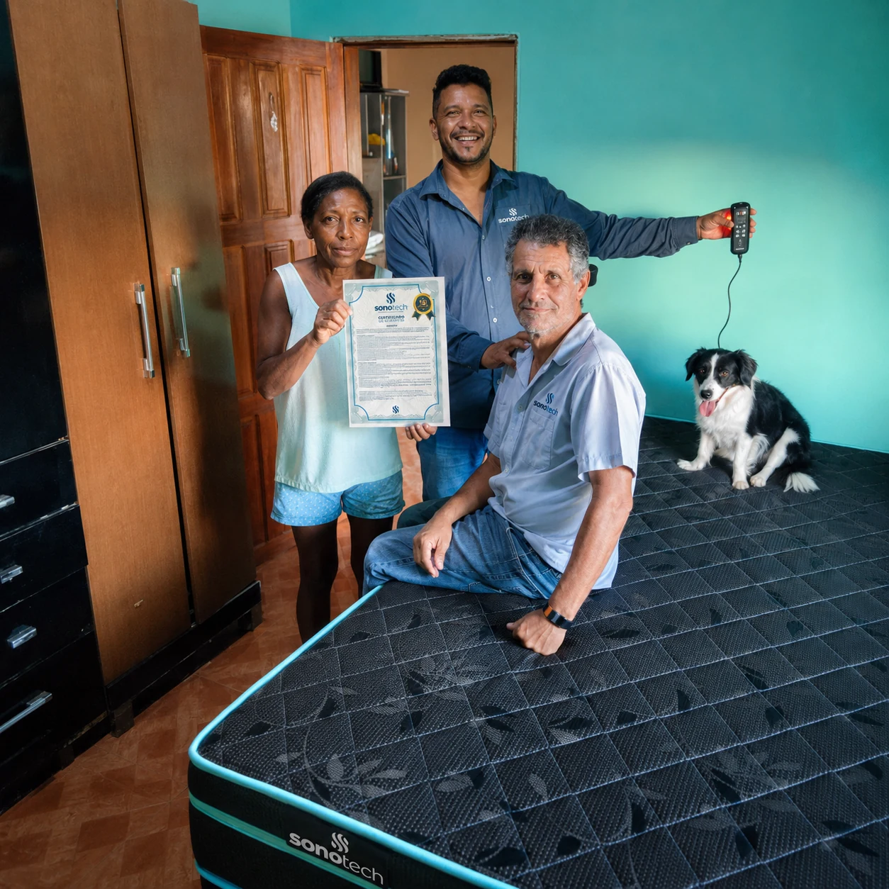 Equipe SonoTech com cliente e certificado